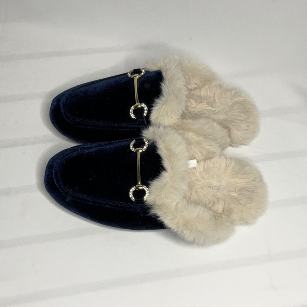 J. Crew Plush Horsebit Mules in Navy Blue Velvet with Cream Shearling